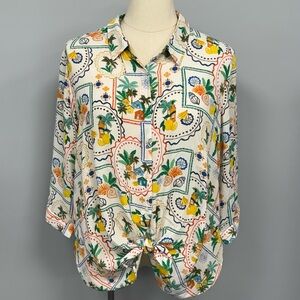 NWT Rose Olive Chiffon Fruit & Beach Print Top Plus size Shirt Button Up Blouse